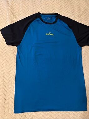 Men’s Spalding Royal Blue Tee with Navy Sleeves and Lime Logo Size Large